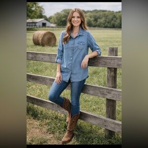 VTG Faded Glory Denim Pearl Snap Shirt w/Embellished Collar Y2K Rodeo Sz 16W